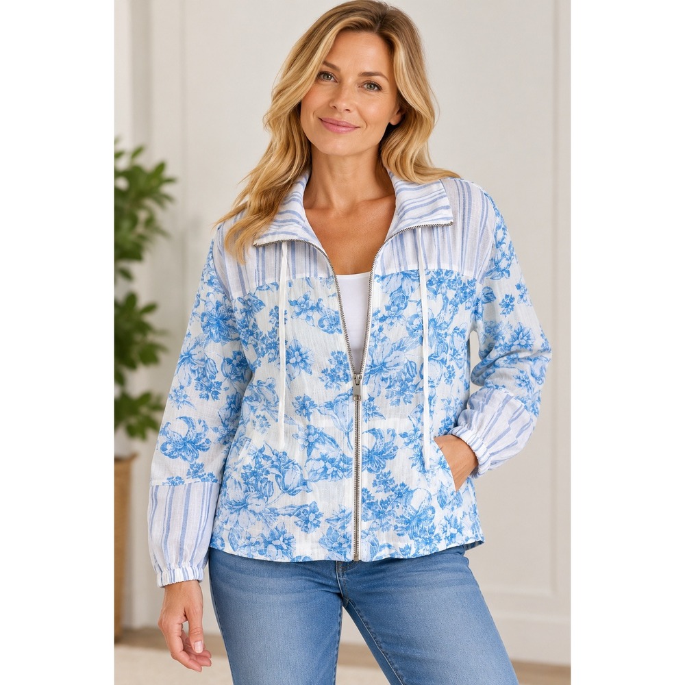 Mystree Womens Blue White Floral Striped Cotton Gauze Zip Up Hoodie Jacket Large